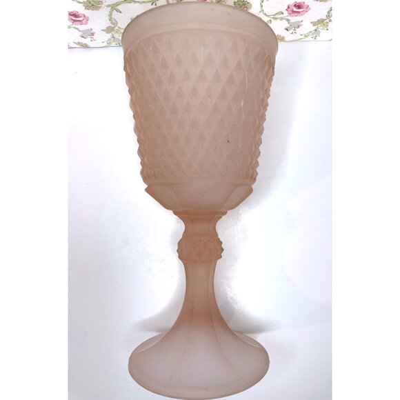 Vintage Pink Satin Diamond Point Chalice Vase, Frosted Depression Glass - Picture 6 of 11